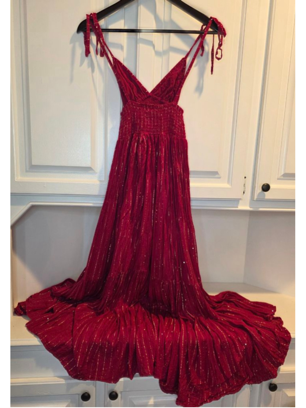 Sundress XS Red Gold Sequin Tie Strap Boho Resort Maxi Dress - Picture 3 of 11